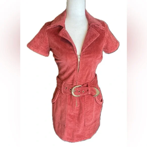 Show Me Your MuMu Outlaw Dress Rose Red Corduroy Gold Buckle Mini Dress XS - Picture 4 of 13